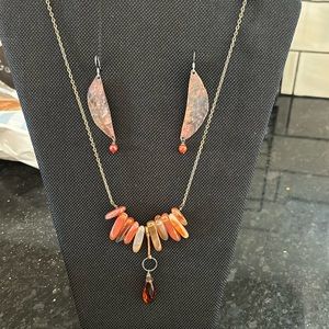 Three-piece set, handcrafted carnelian, genuine, stone necklace, and earring set